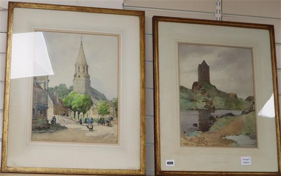 Samuel-Alfred Harding (1868-1941) pair of watercolours, Smailholm Tower and French church, signed, 39 x 29cm